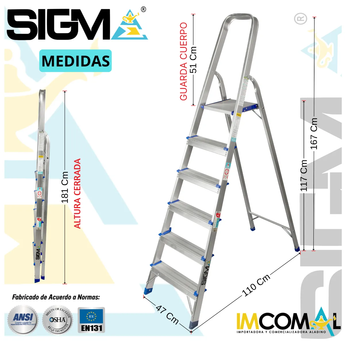 SIGMA - Escalera Aluminio Banqueta de 6 Pasos. Cap. Max. de Carga 150 Kg. Tipo III Domestica