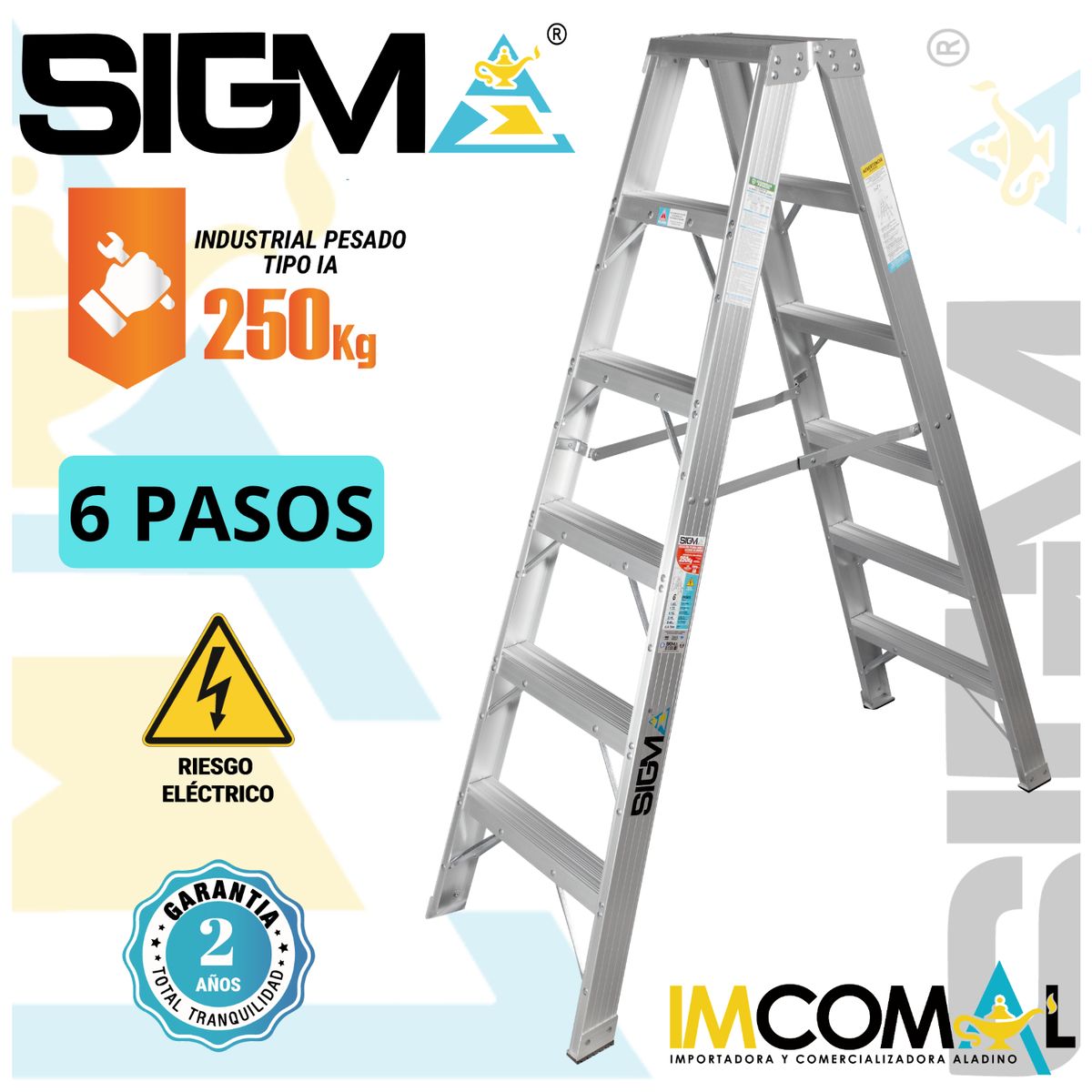 SIGMA - Escalera Aluminio Tijera Doble Acceso de 6 Pasos. Cap. Max. de Carga 250 Kg. Tipo IA Industrial Pesado