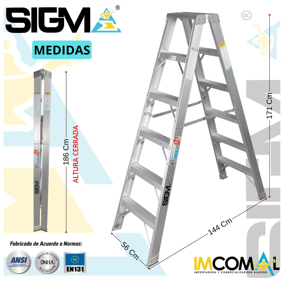 SIGMA - Escalera Aluminio Tijera Doble Acceso de 6 Pasos. Cap. Max. de Carga 250 Kg. Tipo IA Industrial Pesado