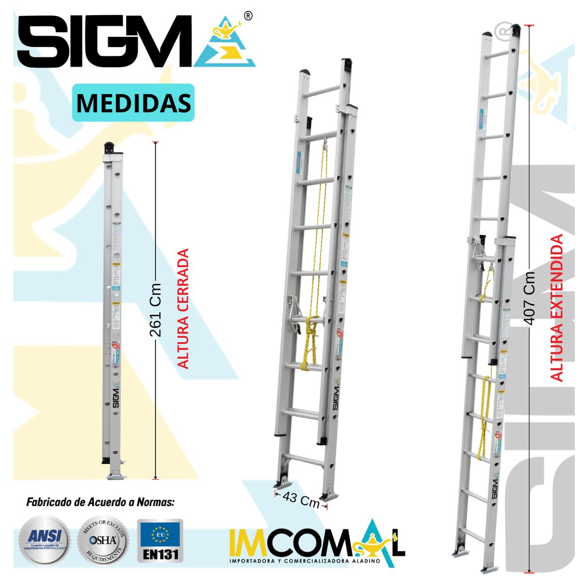 SIGMA - Escalera Aluminio Telescópica de 16 Pasos. Cap. Max. de Carga 250 Kg. Tipo IA Industrial Pesado