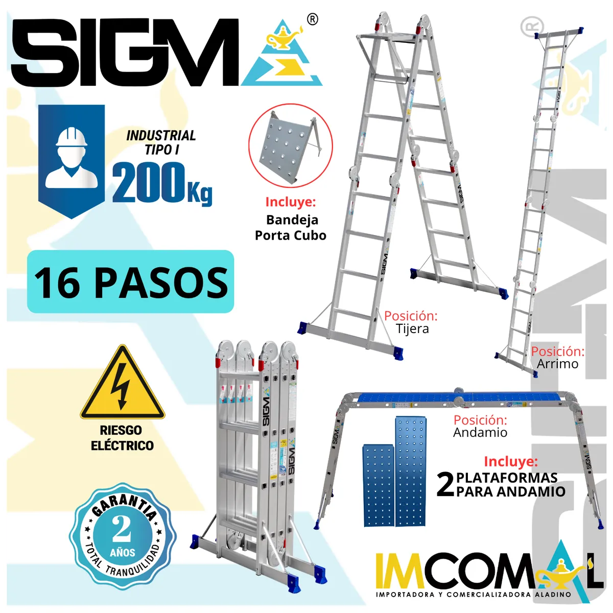 SIGMA - Escalera Aluminio Multipropósito Pesada de 16 Pasos 4x4. Cap. Max. de Carga 200 Kg. Tipo I Industrial