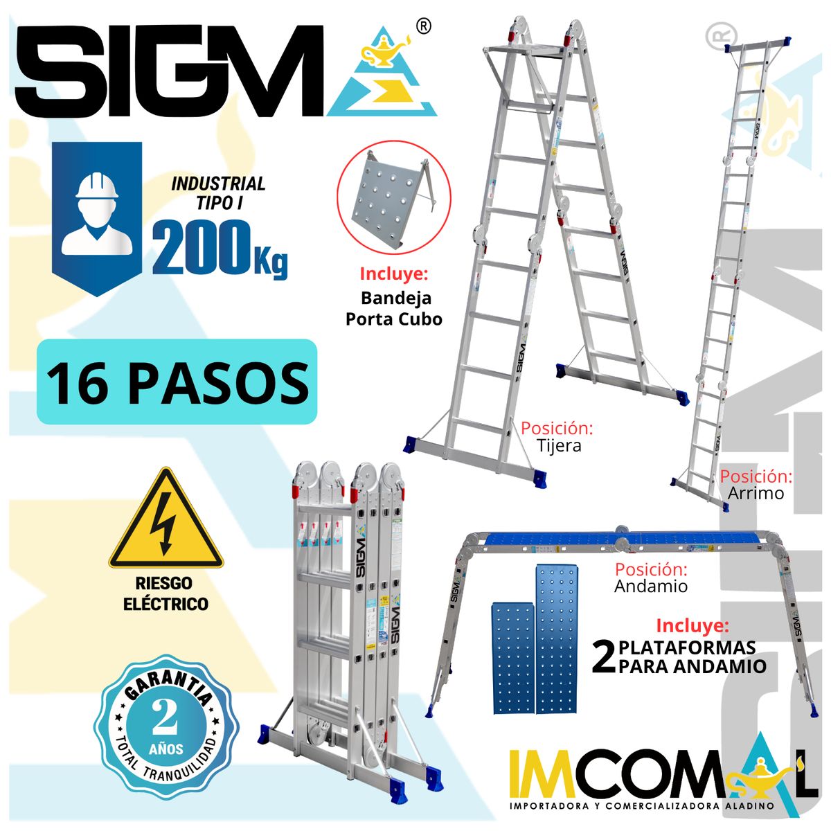 SIGMA - Escalera Aluminio Multipropósito Pesada de 16 Pasos 4x4. Cap. Max. de Carga 200 Kg. Tipo I Industrial