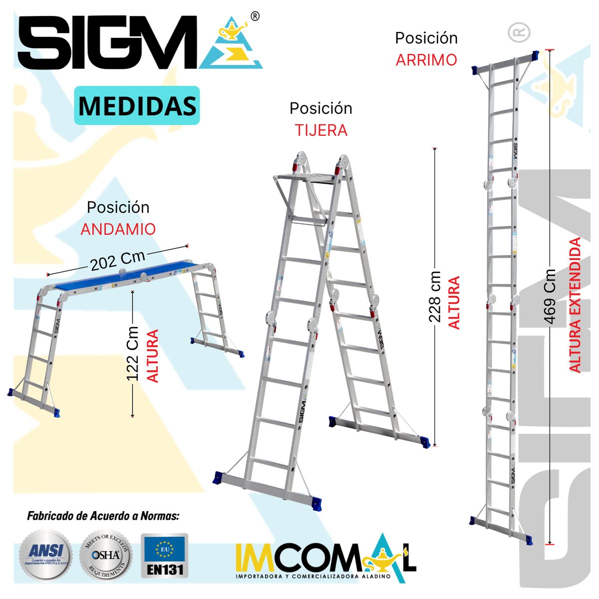 SIGMA - Escalera Aluminio Multipropósito Pesada de 16 Pasos 4x4. Cap. Max. de Carga 200 Kg. Tipo I Industrial