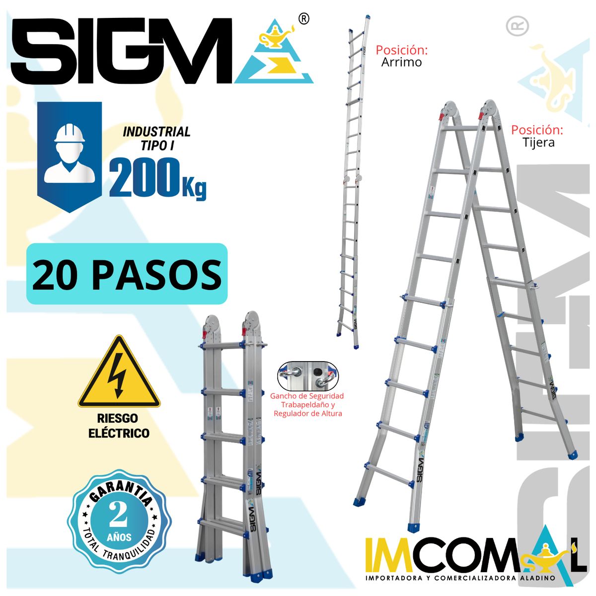 SIGMA - Escalera Aluminio Multipropósito Telescópica de 20 Pasos 4x5. Cap. Max. fe Carga 200 Kg. Tipo I Industrial