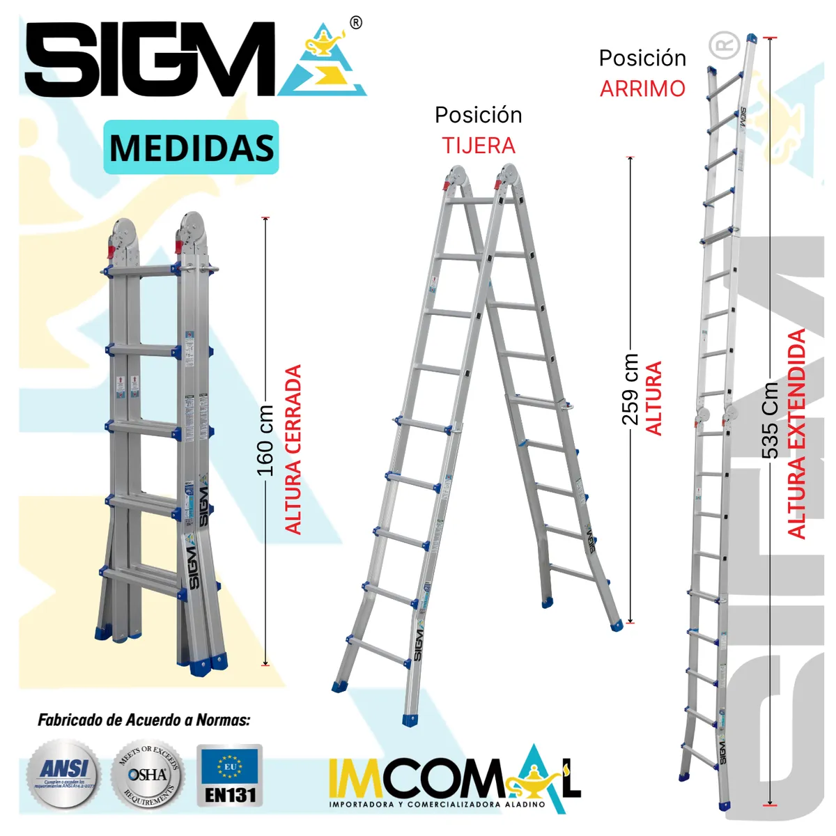 SIGMA - Escalera Aluminio Multipropósito Telescópica de 20 Pasos 4x5. Cap. Max. fe Carga 200 Kg. Tipo I Industrial