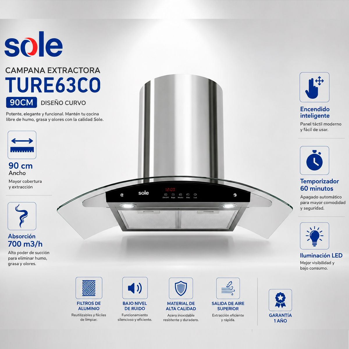 Sole - Campana Extractora 90cm Gris Sole TURE63CO