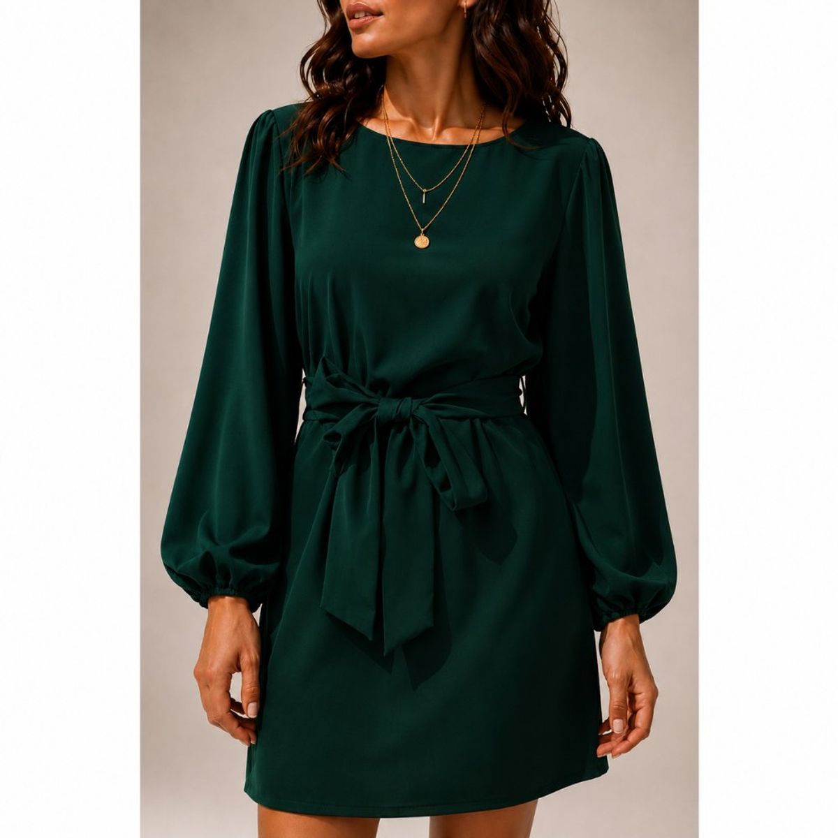 ANA RIVERO - Vestido Elegante Manga Larga con Lazo Verde