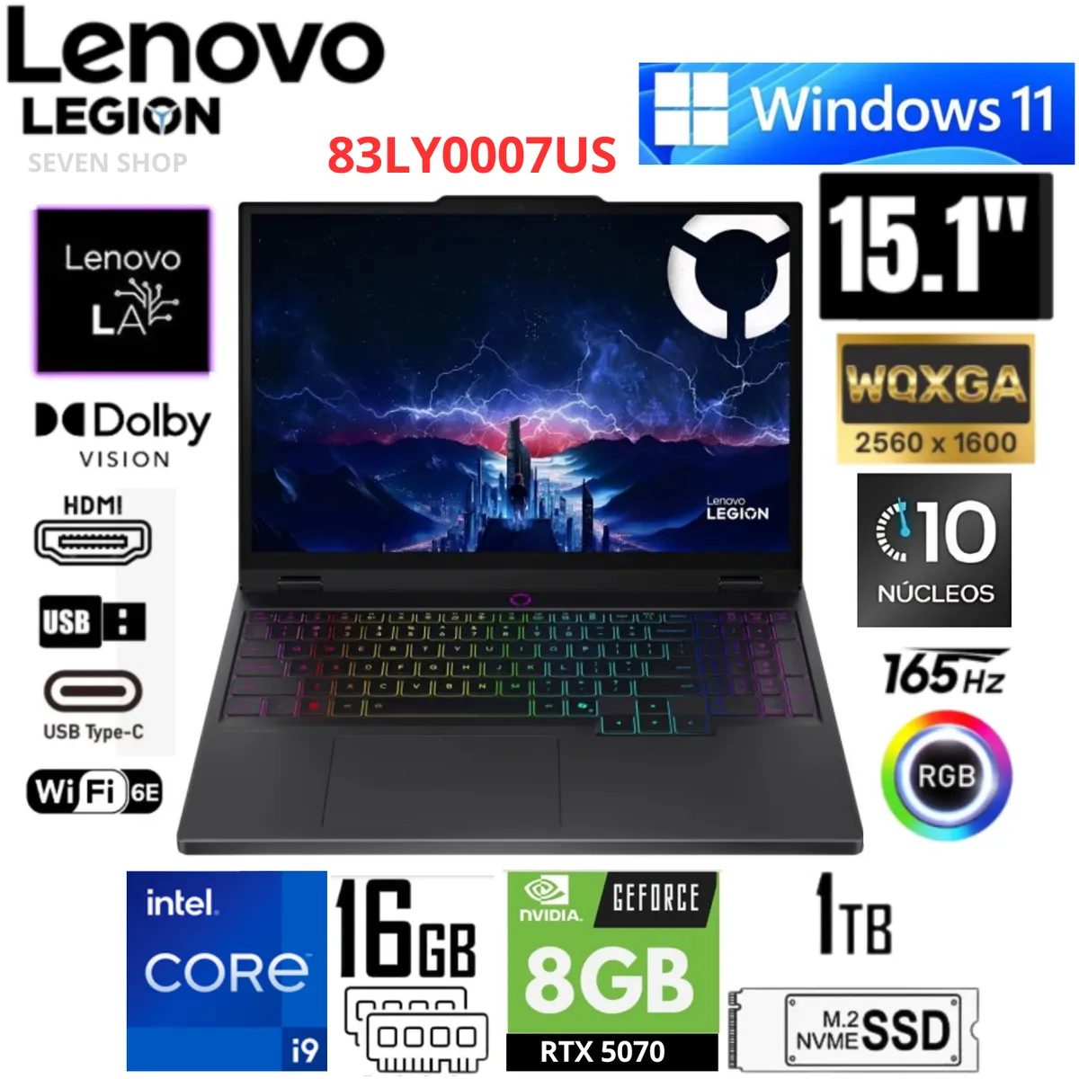 LENOVO - Laptop Lenovo Legion 5 15IRX10 83LY0007US Intel Core i9-14900HX 16GB RAM 1TB SSD RTX 5070 – Negro