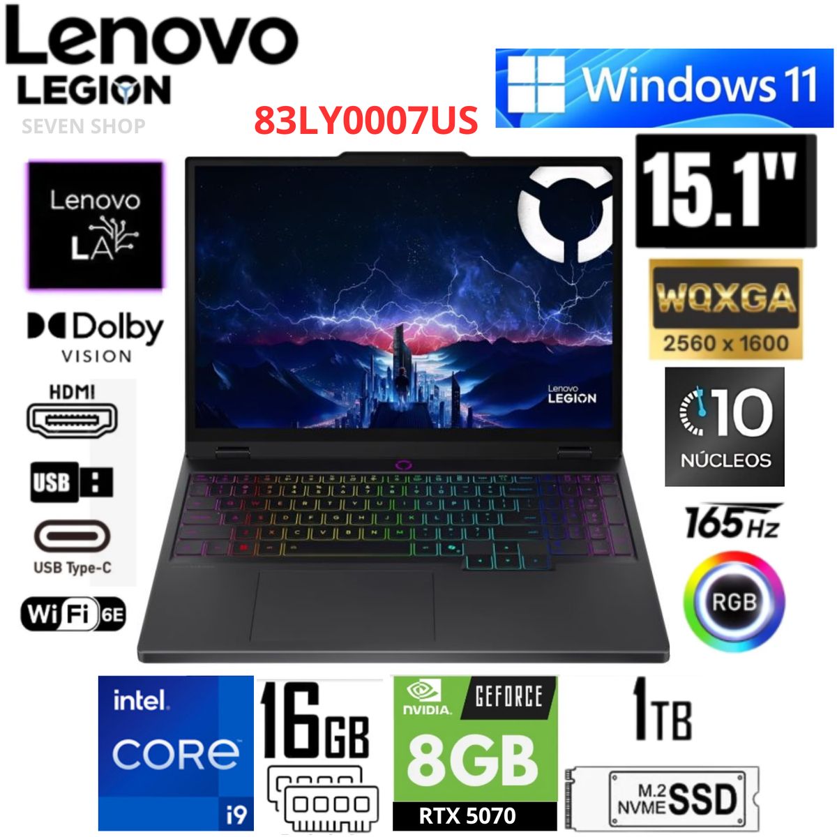 LENOVO - Laptop Lenovo Legion 5 15IRX10 83LY0007US Intel Core i9-14900HX 16GB RAM 1TB SSD RTX 5070 – Negro
