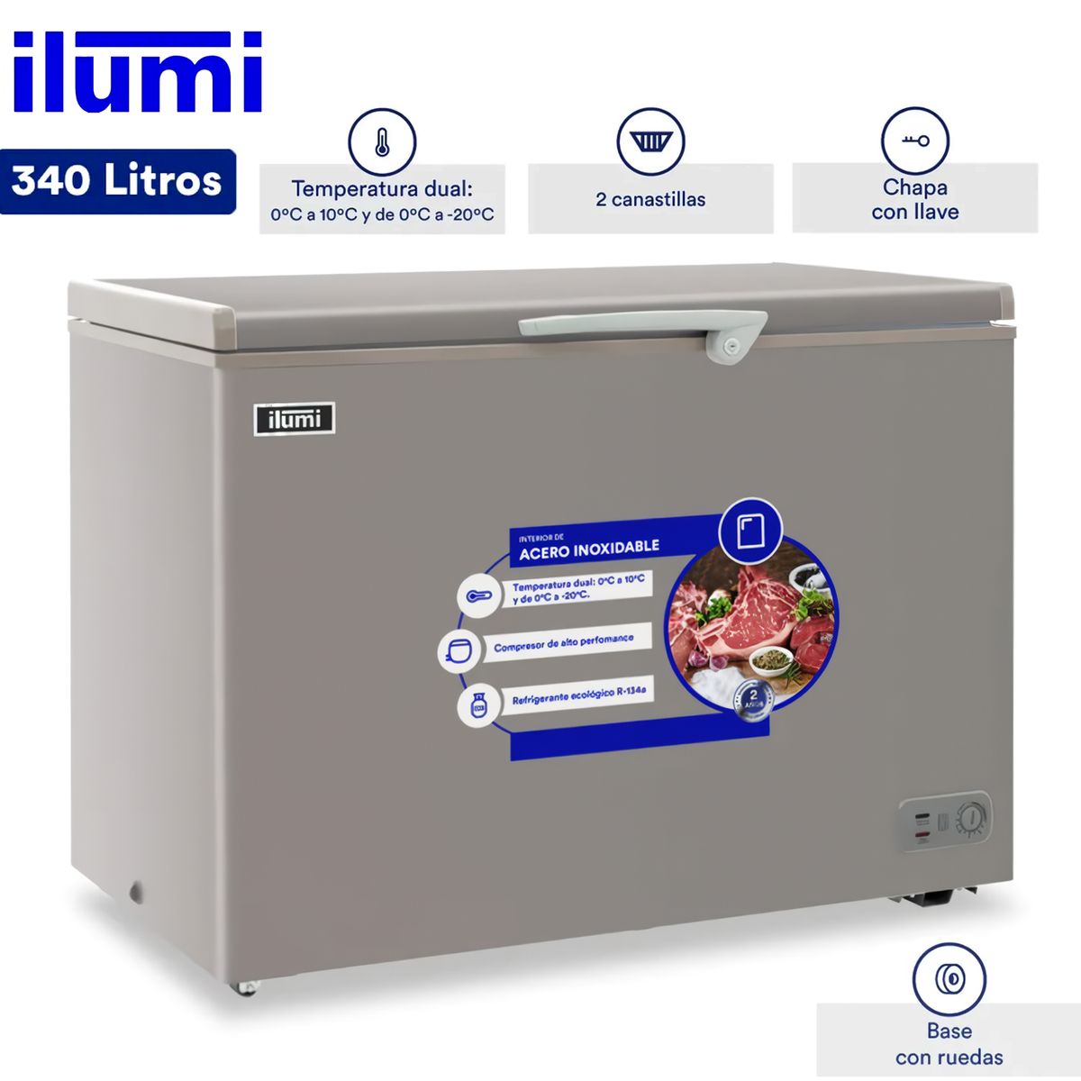 Ilumi - Congelador con Tina de Acero Inoxidable de 340 litros TFI-3400DG
