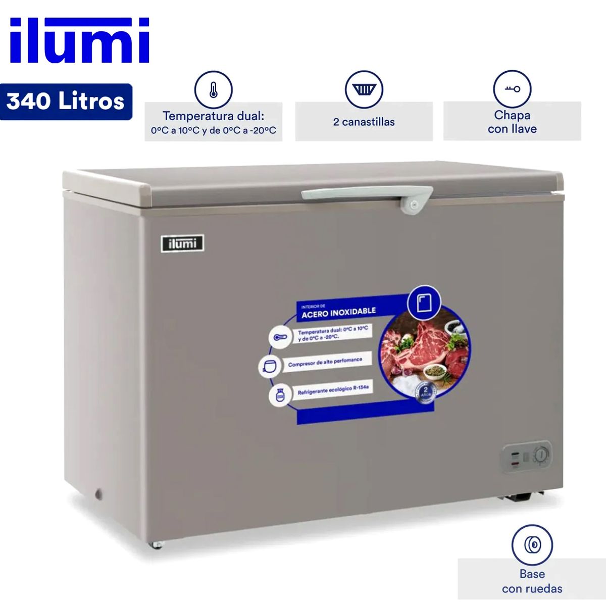 Ilumi - Congelador con Tina de Acero Inoxidable de 340 litros TFI-3400DG
