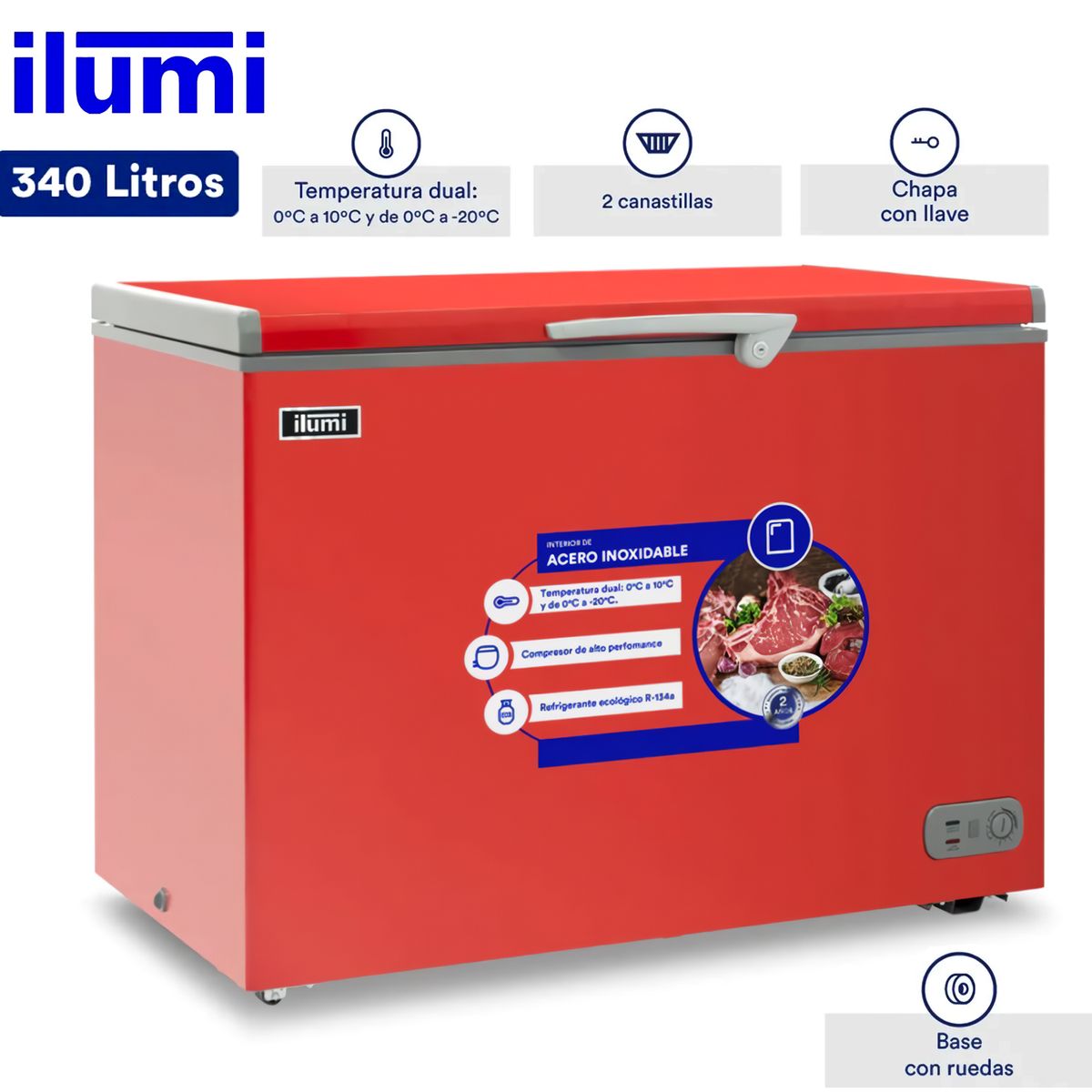 Ilumi - Congelador con Tina de Acero Inoxidable de 340 Litros TFI-3400RE Rojo