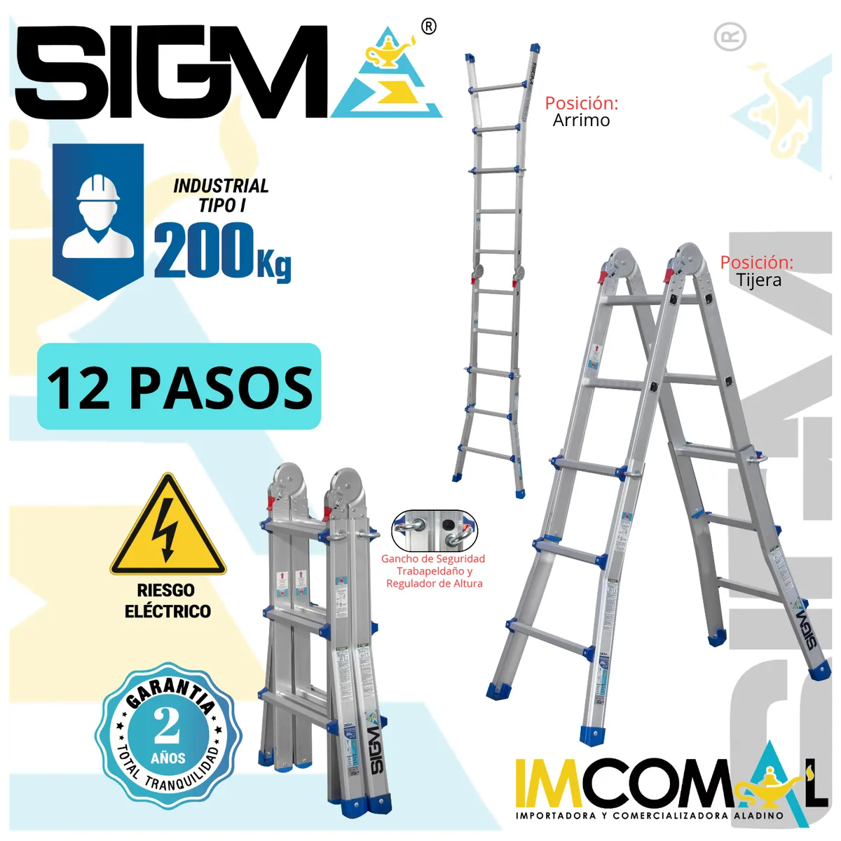 SIGMA - Escalera Aluminio  Multipropósito Telescópica de 12 Pasos 4x3. Cap. Max. de Carga: 200 Kg. Tipo I (Industrial)