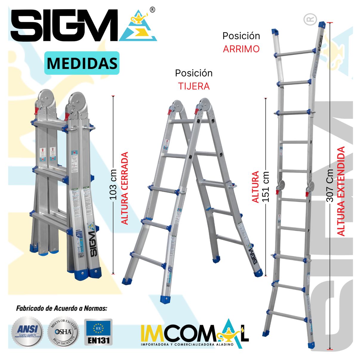 SIGMA - Escalera Aluminio  Multipropósito Telescópica de 12 Pasos 4x3. Cap. Max. de Carga: 200 Kg. Tipo I (Industrial)