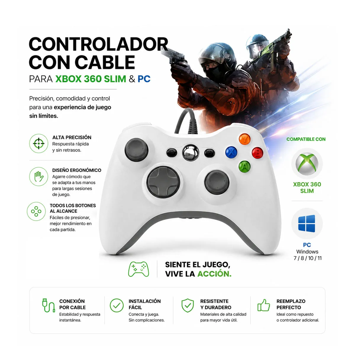 SEISA - Control Mando Gamer PC USB Alta Precisión Tipo Xbox 360 Compatible Windows