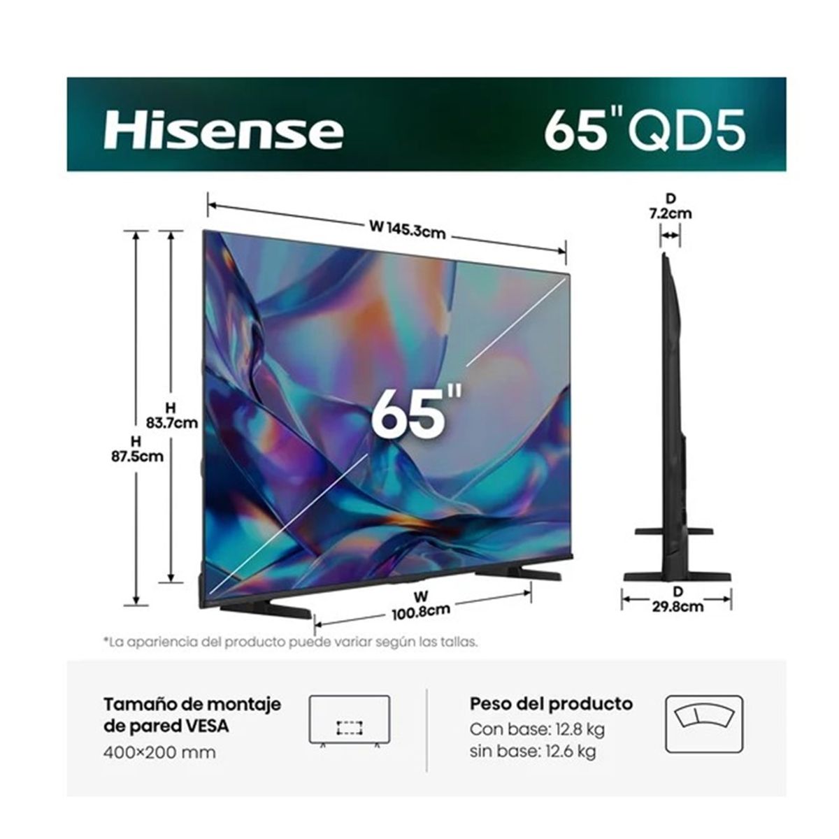 Hisense - TELEVISOR HISENSE SMART TV 65 QLED 4K UHD 65QD5SV + PELOTA DE REGALO