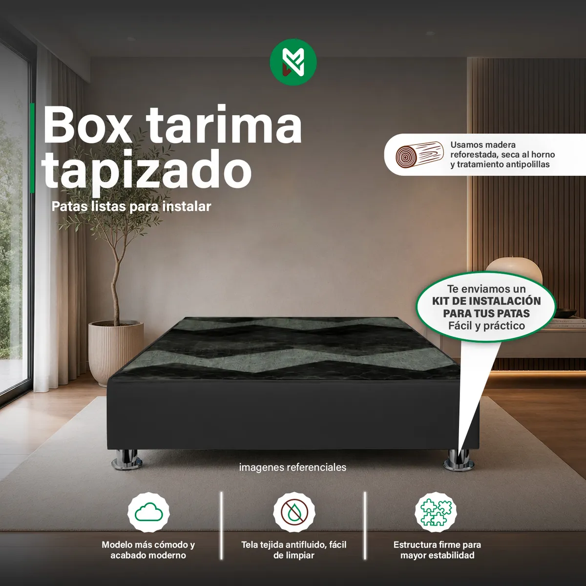 Box Tarima reforzado y acolchado + Kit inst. de patas - 2plz - Negro, marca MUEBLES MACRUMO - Foto Principal