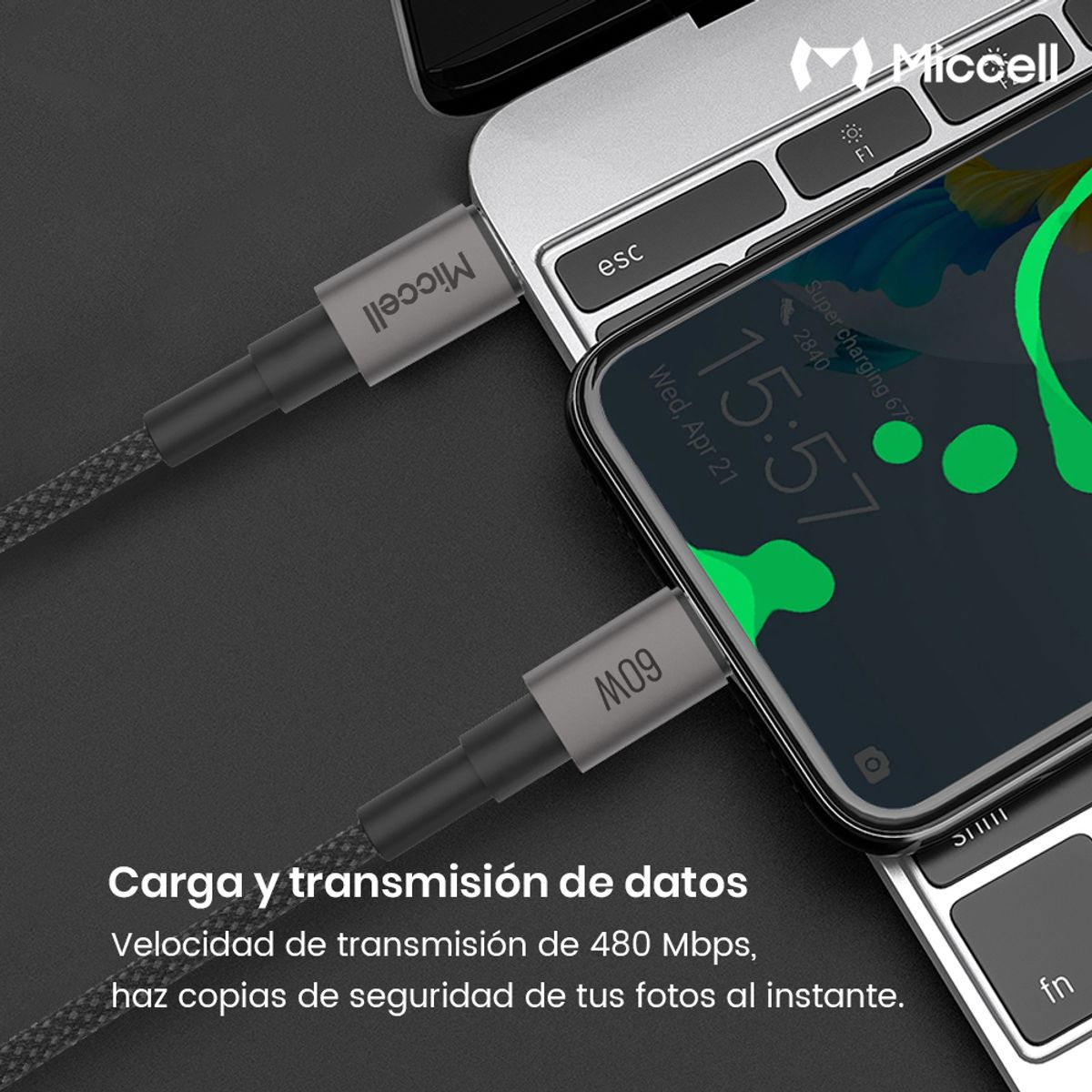 MICCELL - Miccell Cable Tipo C / Lightning 3 Metros 60W Fast Charge Nylon Trenzado para Celulares