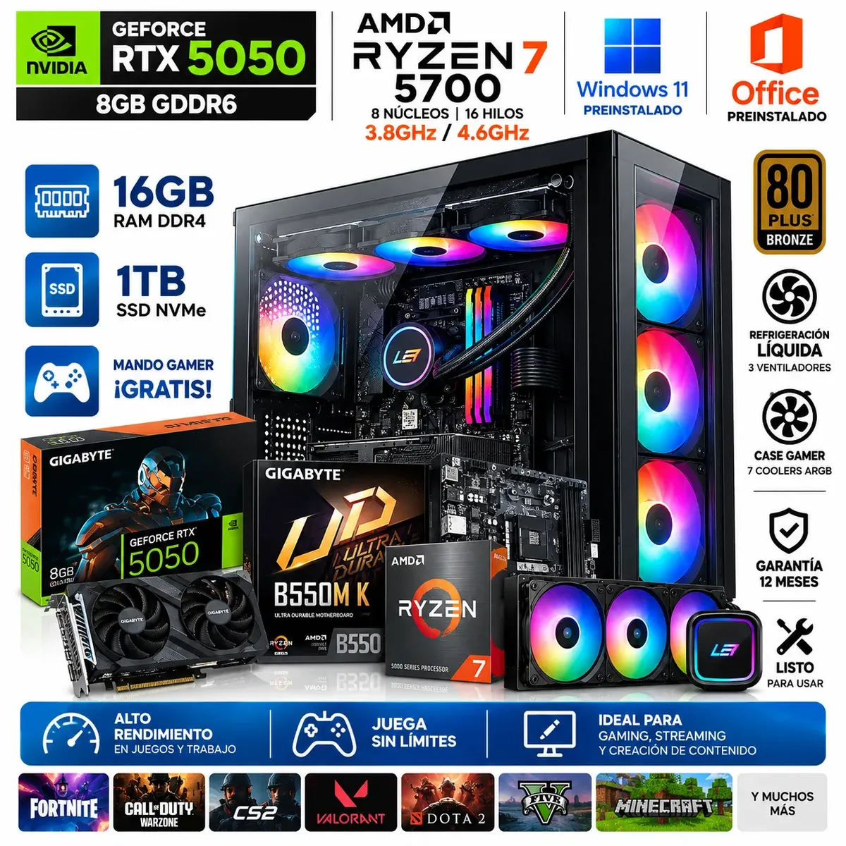 AMD - PC Gamer Ryzen 7 5700 16GB Ram 1TB SSD RTX 5050 8GB Refrigeracion liquida 360mm.
