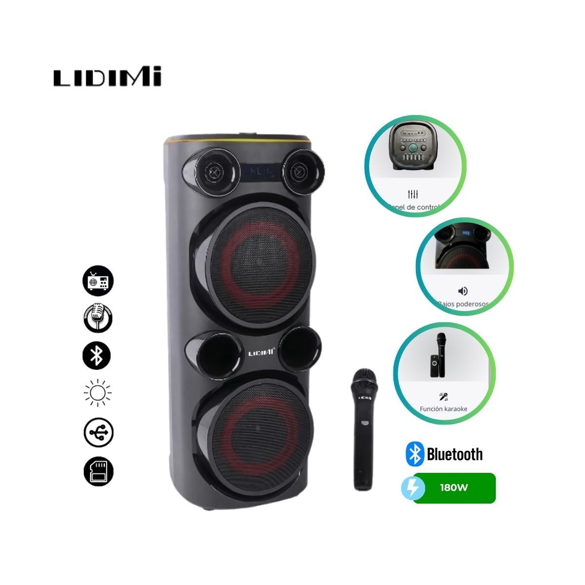 LIDIMI - Parlante Torre Bluetooth Lidimi Doble Woofer 180W LD-S063AC