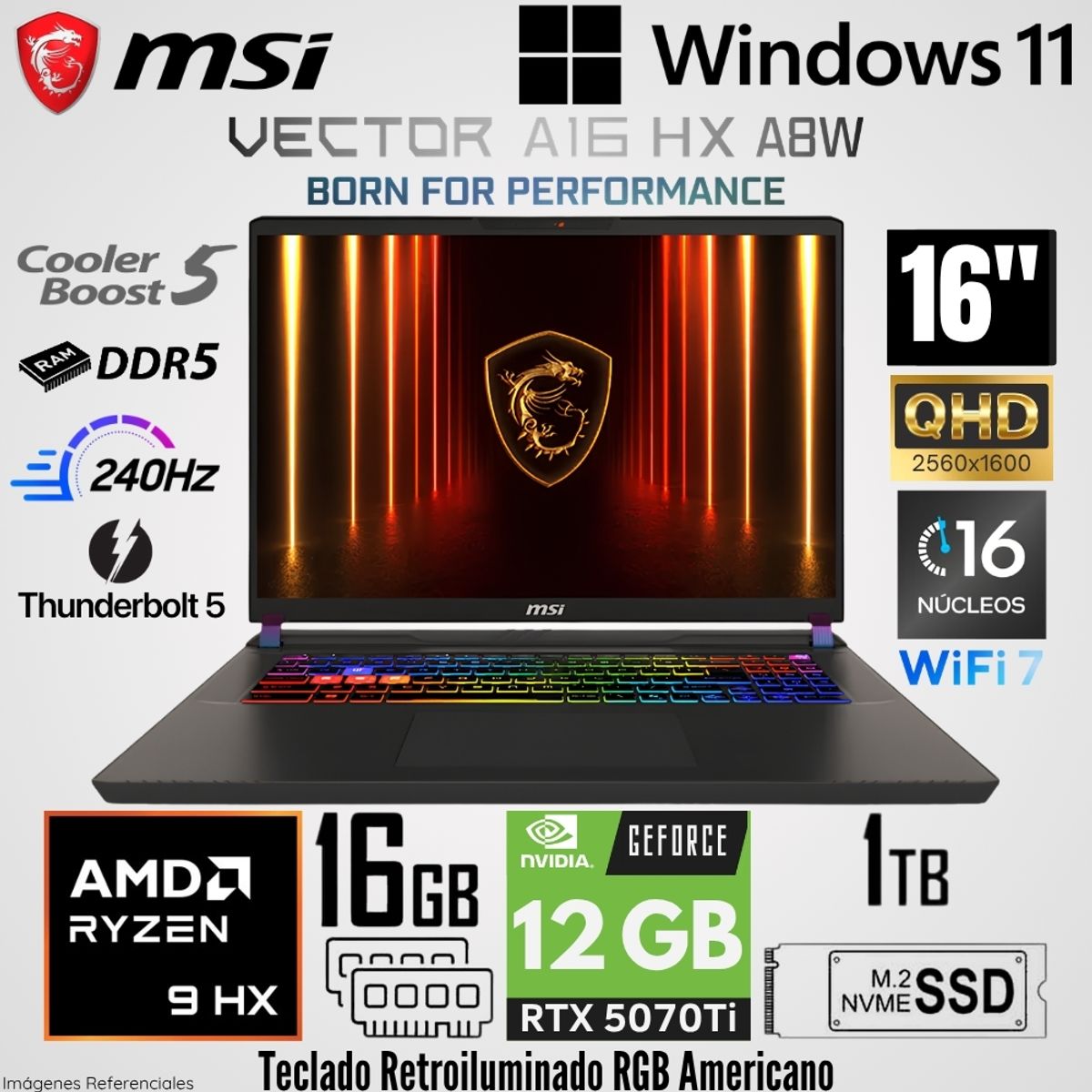 Msi - Laptop Msi Vector A16 HX A8WHG AMD Ryzen 9 8940HX 16GB RAM 1TB SSD RTX 5070Ti-12GB 16"  QHD 240Hz