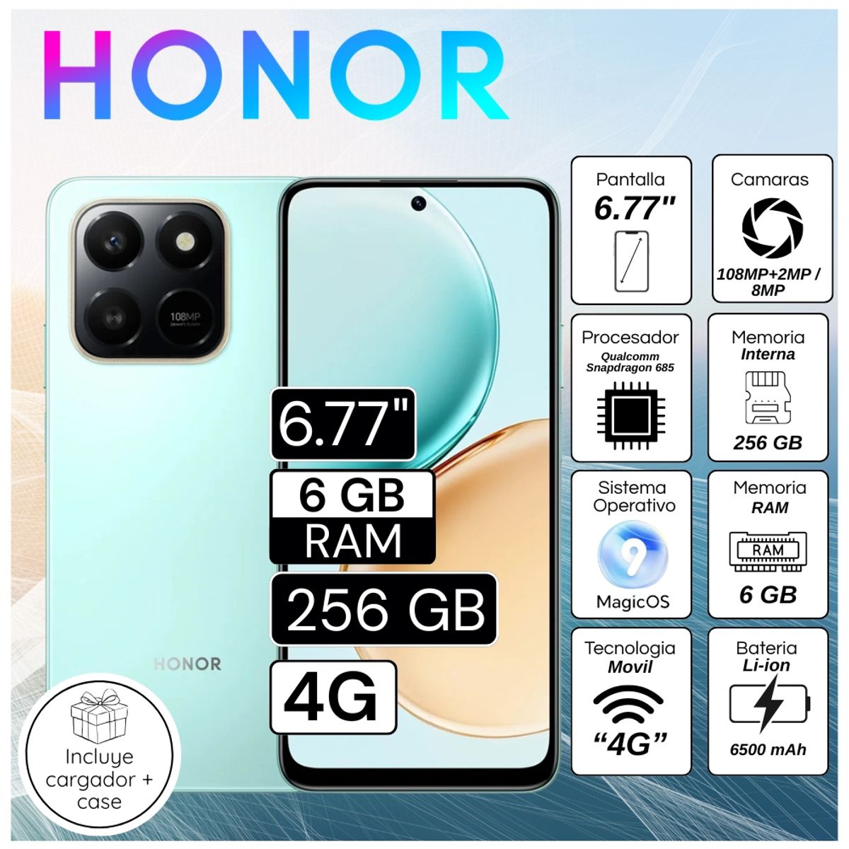 HONOR - Celular Honor X7D 6.77"  Pulg. 6GB RAM 256GB RAM MagicOS 9.0 - Azul Cian