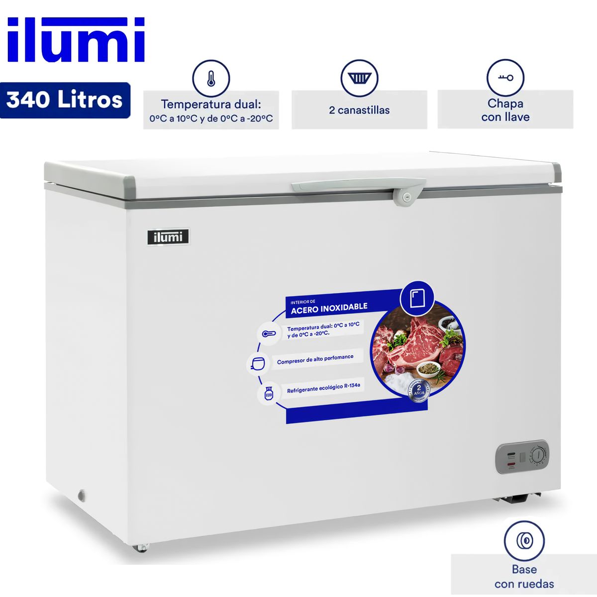Ilumi - Congelador con Tina de Acero Inoxidable de 340 Litros TFI-3400WH Blanco