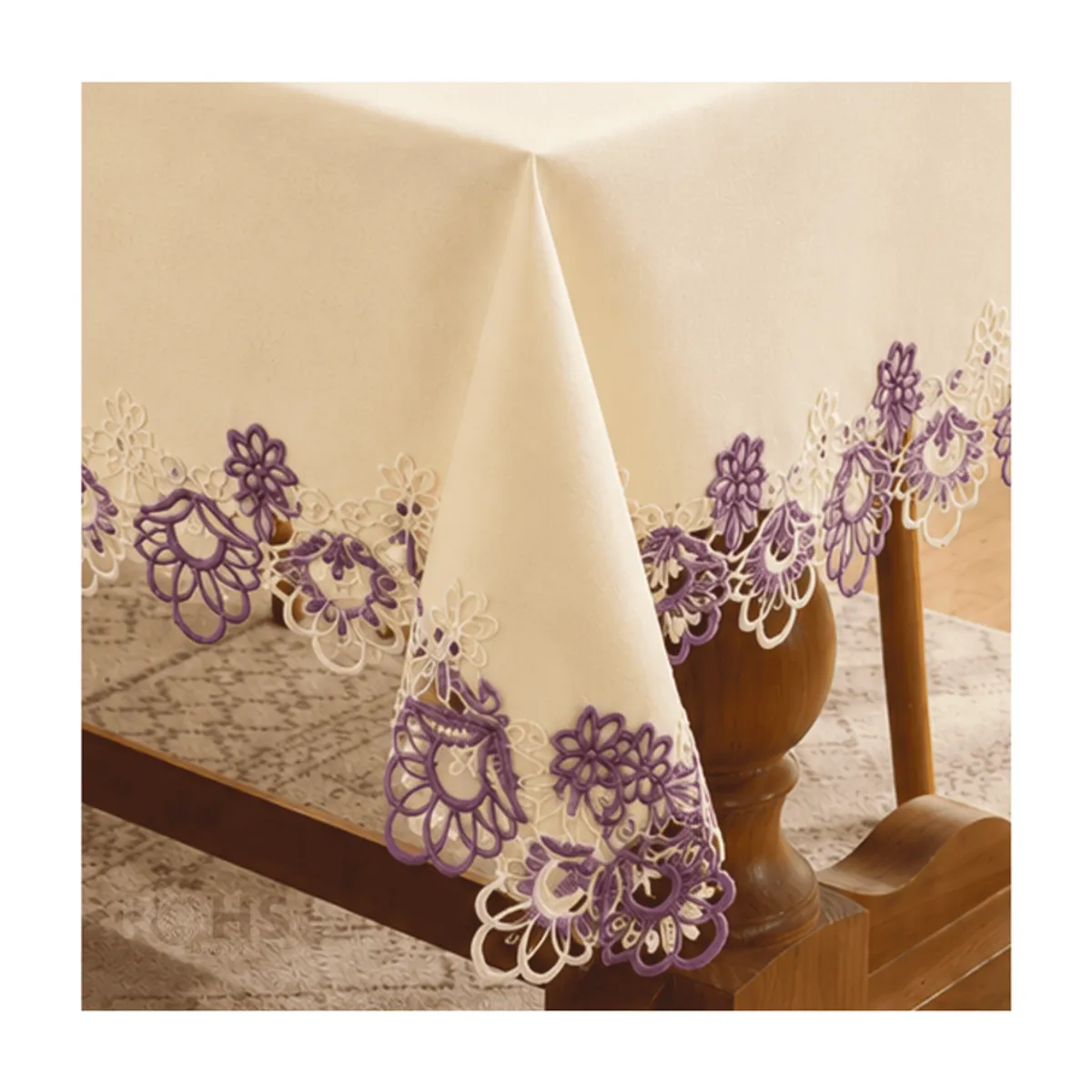 OEM - Mantel Bordado Floral Rectangular Beige 150x250 cm con Encaje Decorativo Lila