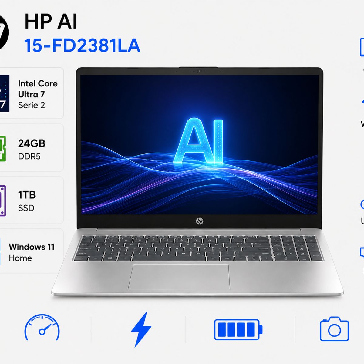 HP - Laptop HP AI 15-FD2381LA 15.6″ FHD Intel Core Ultra 7 24GB RAM 1TB SSD W11