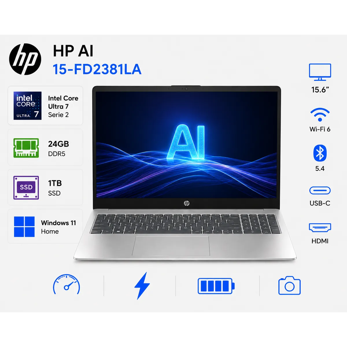HP - Laptop HP AI 15-FD2381LA 15.6″ FHD Intel Core Ultra 7 24GB RAM 1TB SSD W11