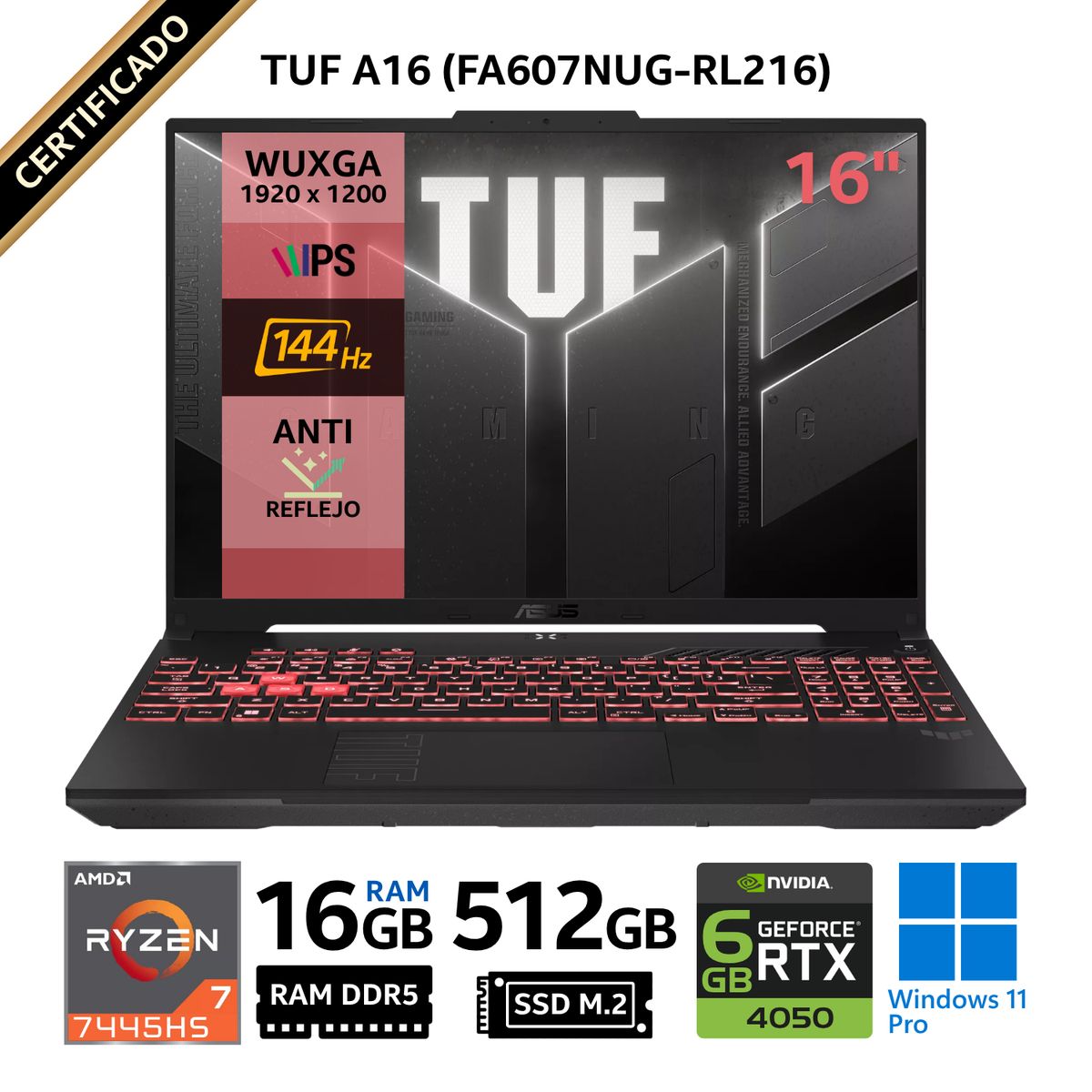 ASUS - Laptop Asus TUF A16 FA607NUG-RL216, 16" WUXGA IPS, Ryzen 7-7445HS, RAM 16GB, SSD 512GB, RTX 4050 Win
