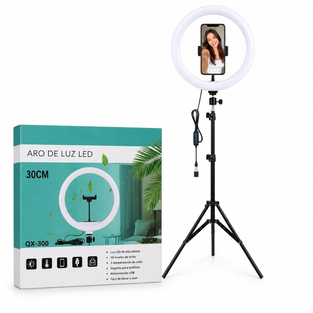 Aro de luz LED 30cm con Soporte para Celular QX-300 3 Tonos de Luz + Trípode, marca GENERICO - Foto Principal