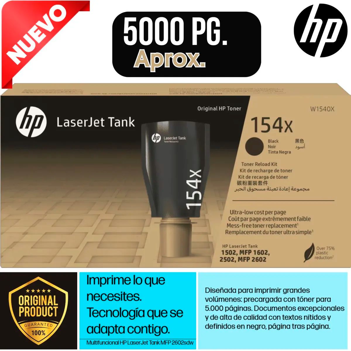 HP - Toner Hp 154X Negro 5000 Pg aprox. Para LaserJet Tank MFP1602W/2602SDW