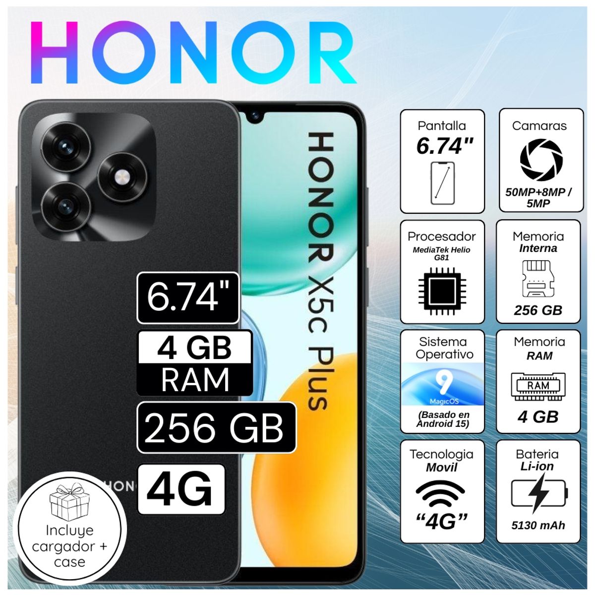 HONOR - Celular Honor X5C Plus 6.74"  Pulg. 4GB RAM 256GB MagicOS 9.0 - Negro Medianoche