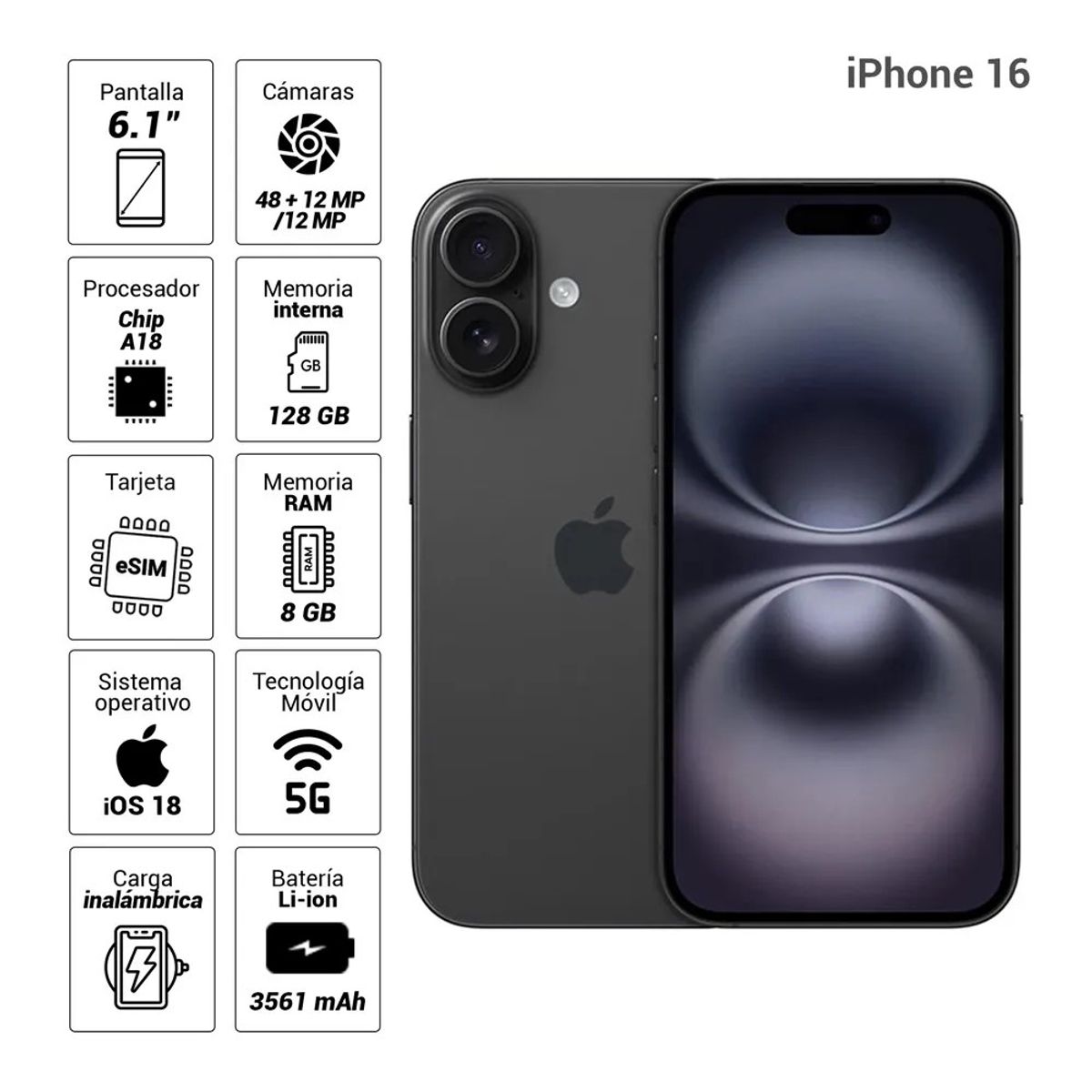 APPLE - IPHONE 16 128GB CHIP FISICO - NEGRO
