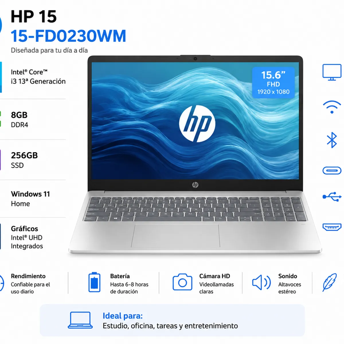 HP - Laptop HP 15-FD0230WM 15.6″ FHD Intel Core i3 8GB RAM 256GB SSD Windows 11