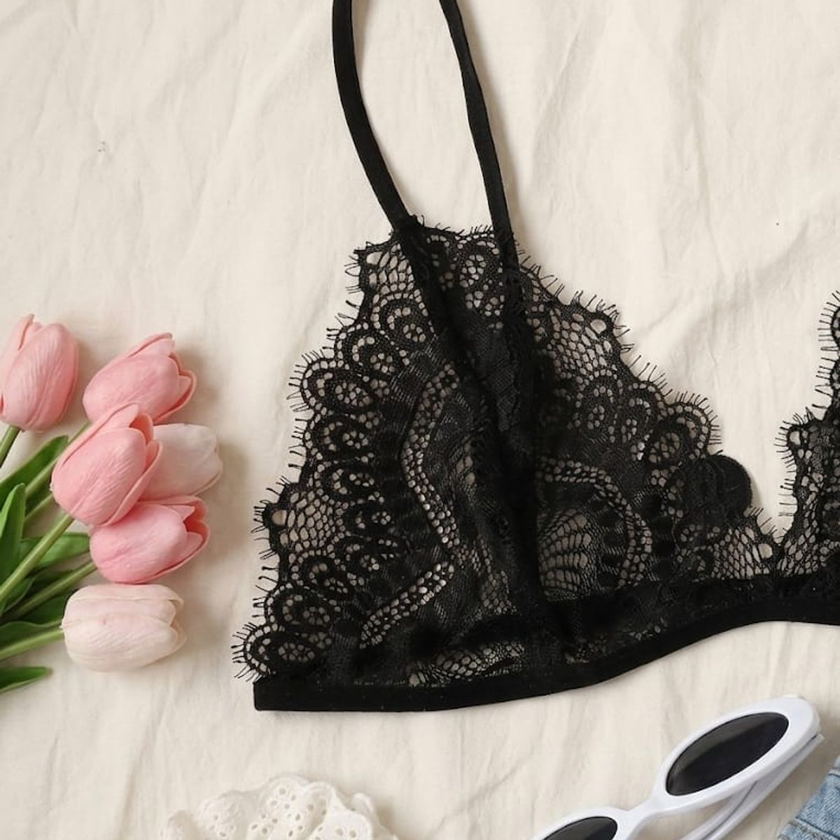 GENERICO - Conjunto de Lencería Sexy Dos Piezas Bralette de Encaje y Short de Satén Negro
