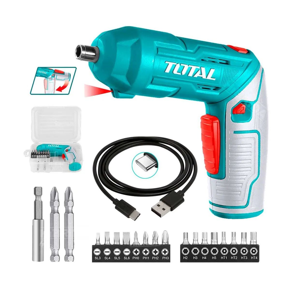 TOTAL - Atornillador Inalámbrico 2 Posiciones Tipo C 4V + Accesorios Total TSDLI0442