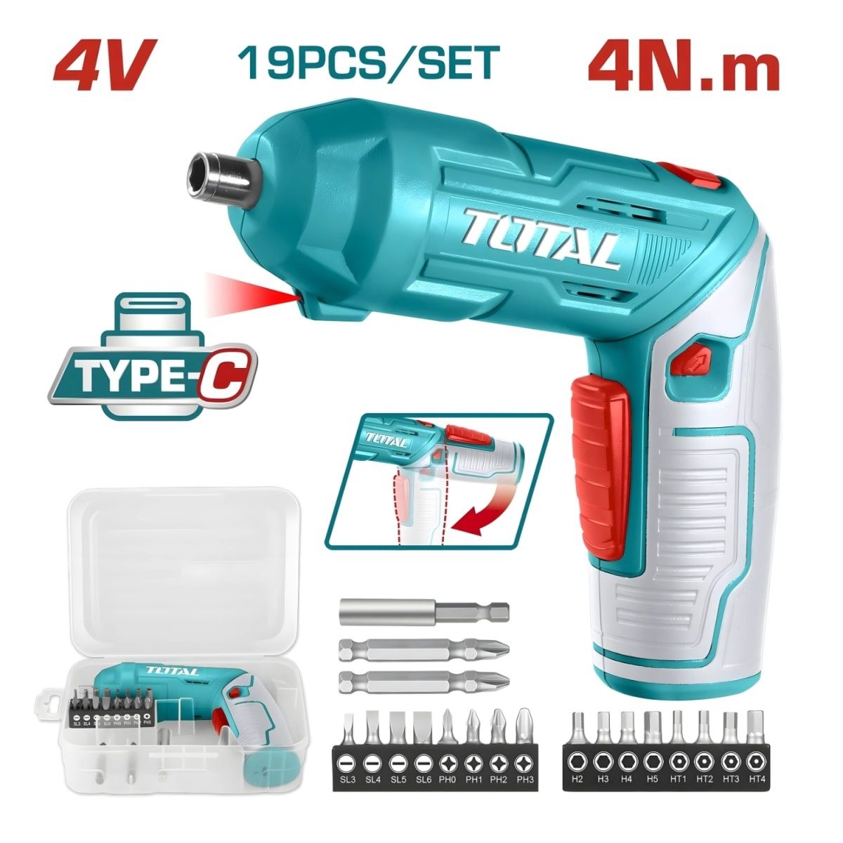 TOTAL - Atornillador Inalámbrico 2 Posiciones Tipo C 4V + Accesorios Total TSDLI0442