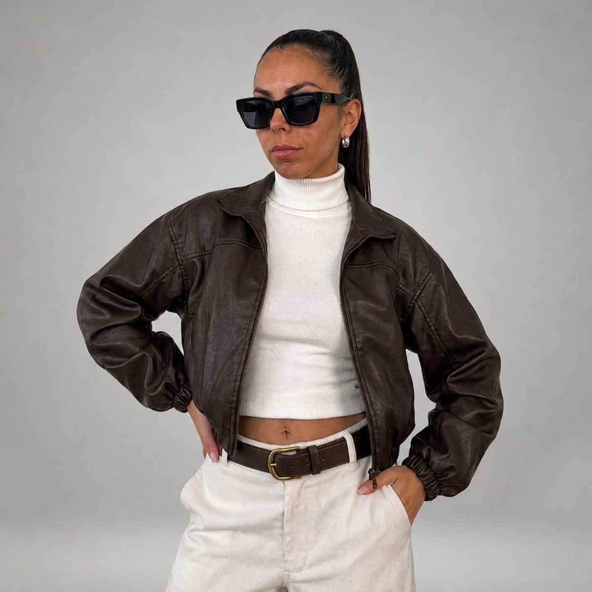 GENERICO - CASACA MARRON OSCURO CROPPED DE MUJER OVERSIZE