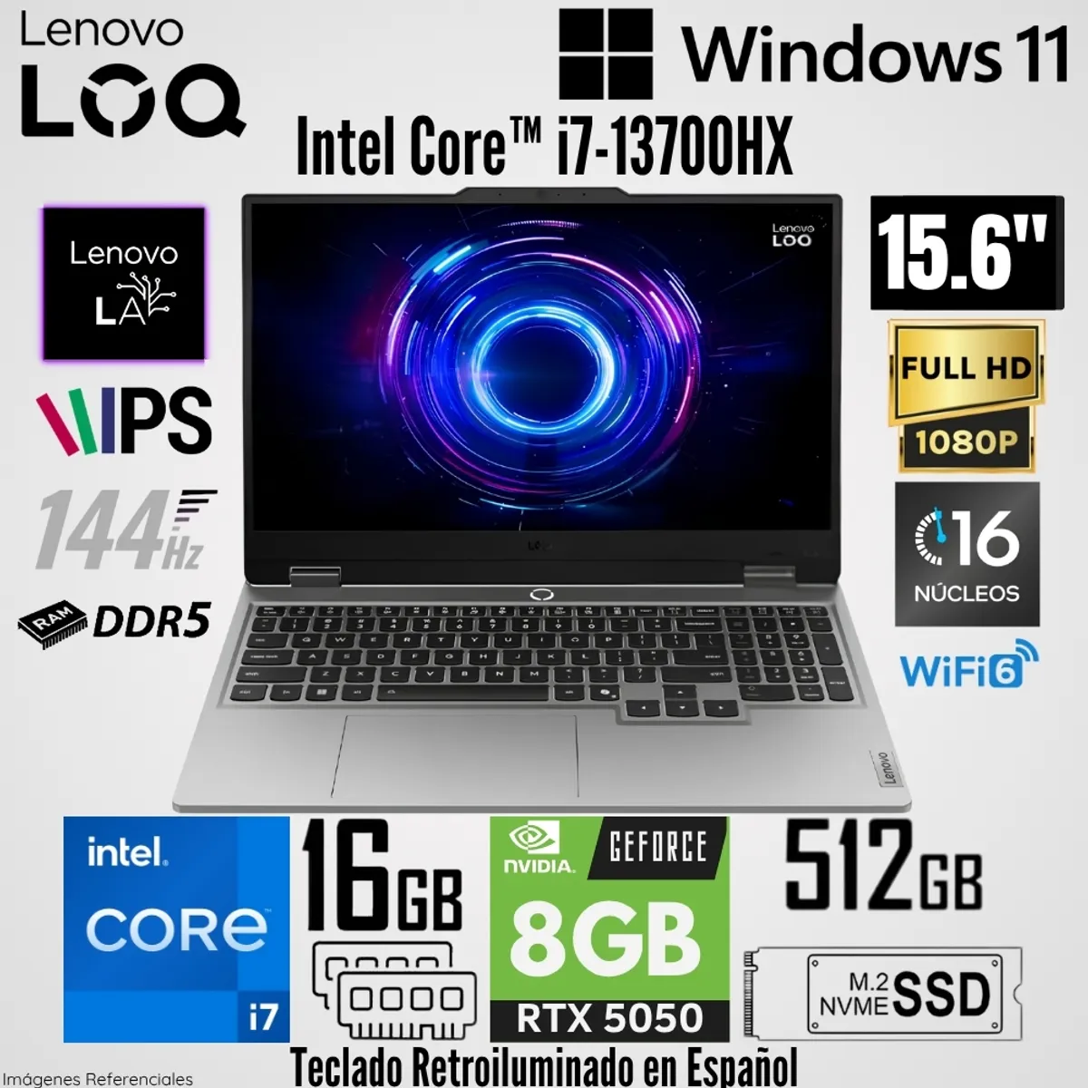 LENOVO - Laptop Lenovo LOQ 15IRX10 Intel Core i7-13700HX 16GB RAM 512GB SSD RTX 5050-8GB 15.6"  FHD 144Hz
