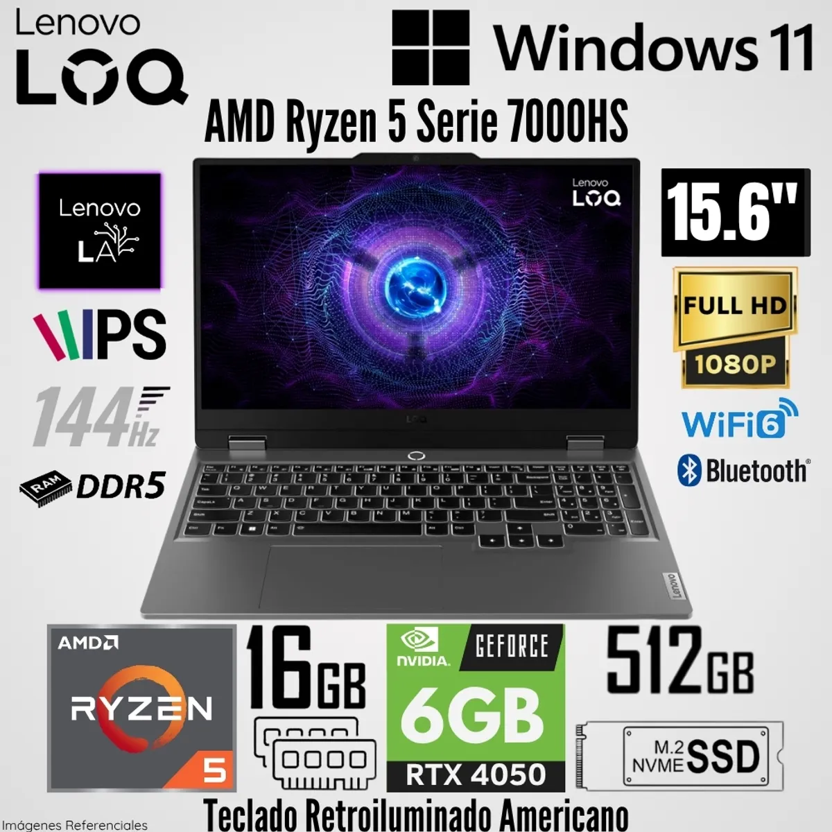 LENOVO - Laptop Lenovo LOQ 15ARP9 AMD Ryzen 5 7235HS 16GB RAM 512GB SSD RTX 4050-6GB 15.6"  FHD 144Hz