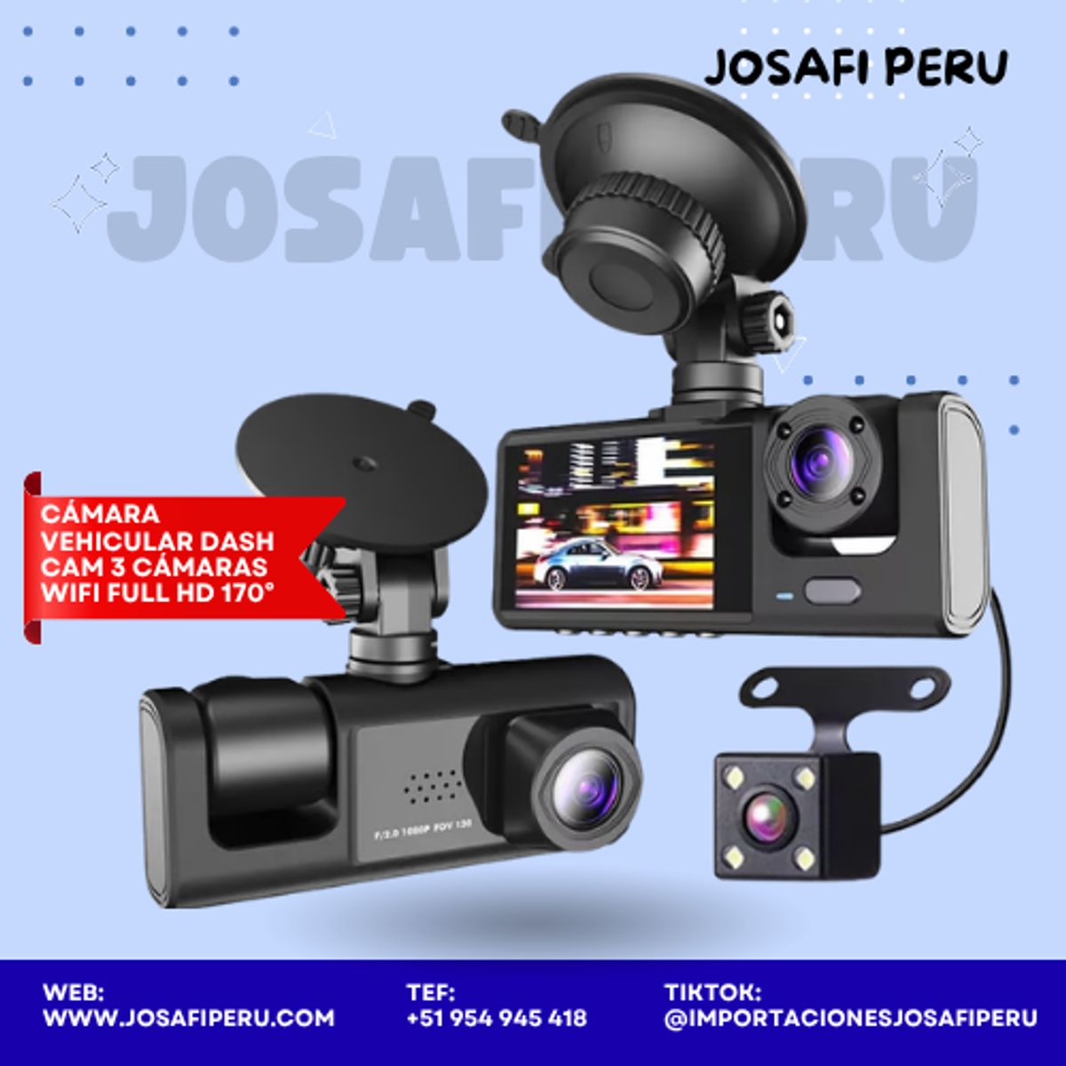 GENERICO - Cámara Vehicular Dash Cam 3 Cámaras WiFi Full HD 170°