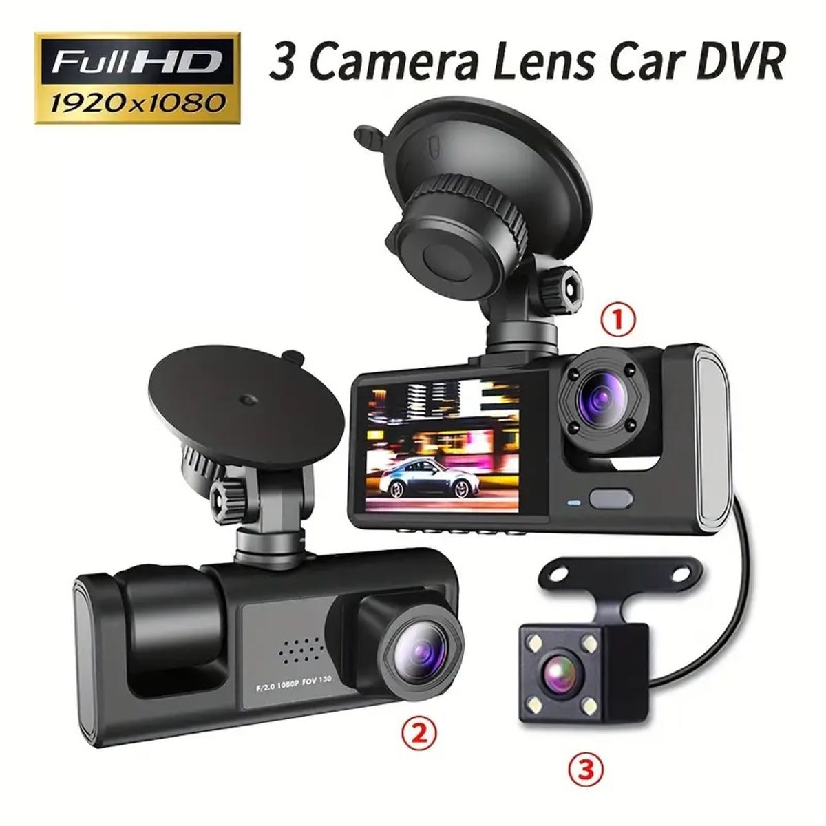 GENERICO - Cámara Vehicular Dash Cam 3 Cámaras WiFi Full HD 170°