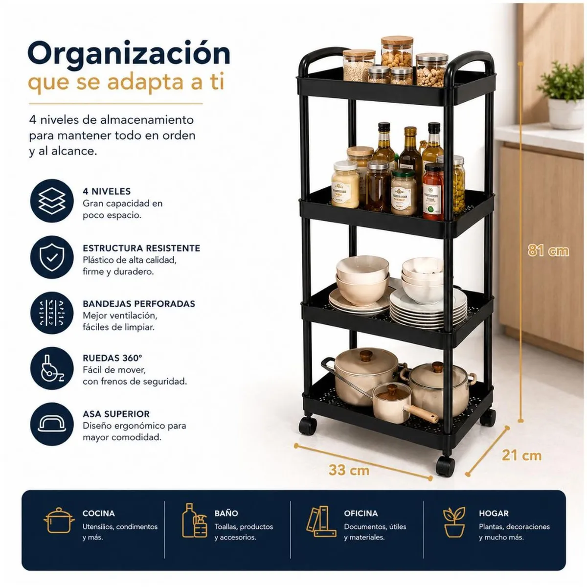 Carrito Organizador Multiusos 4 Niveles con Ruedas 81x33x21cm - Negro - M, marca GENERICO - Foto 2
