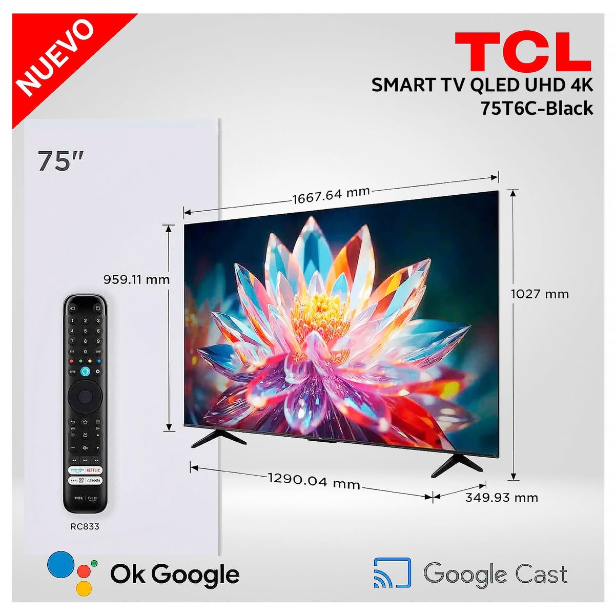 Televisor TCL QLED 75 pulgadas Smart TV 75T6C UHD 4K Google TV - Modelo NUEVO, marca TCL - Foto 2