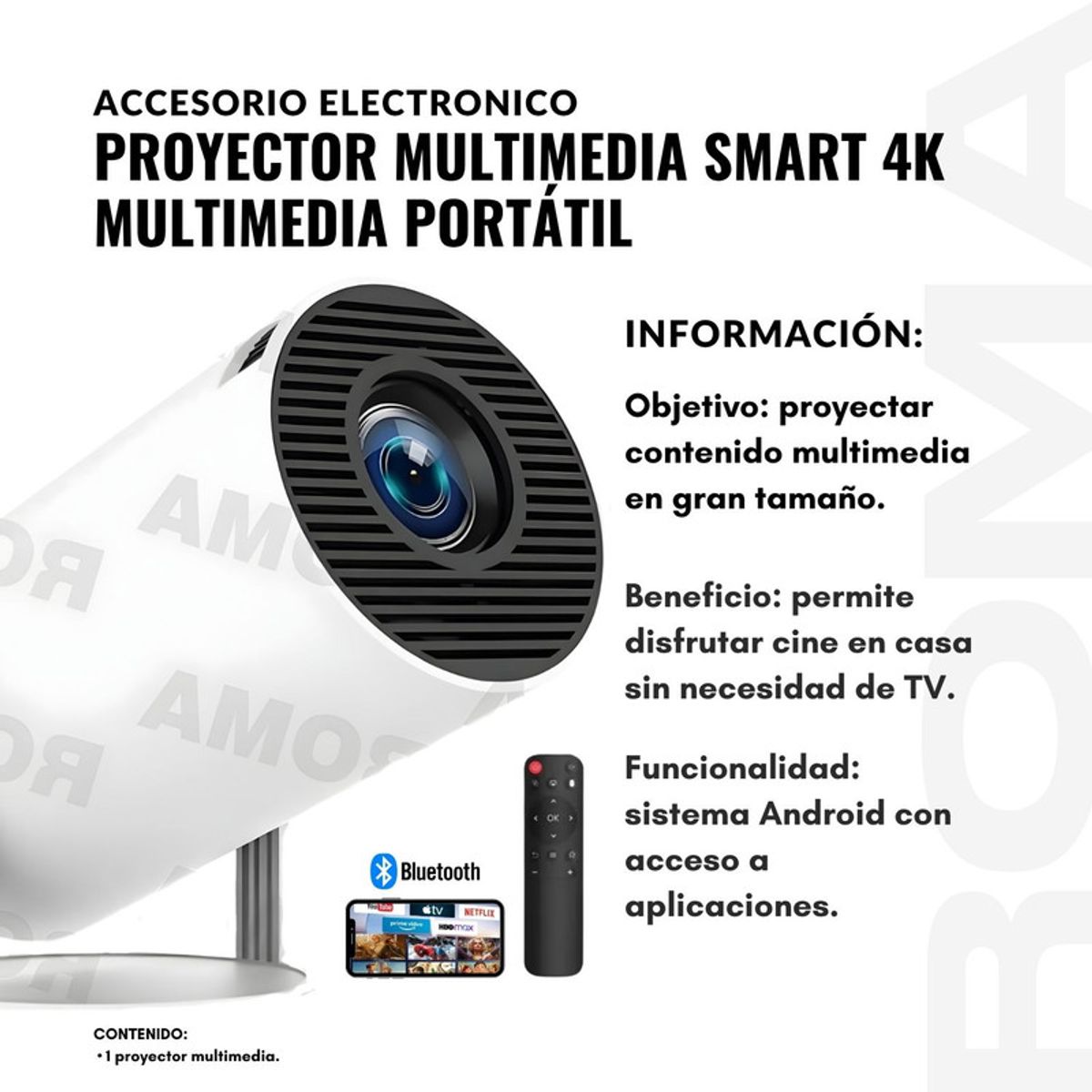 GENERICO - PROYECTOR MULTIMEDIA SMART 4K MULTIMEDIA PORTÁTIL