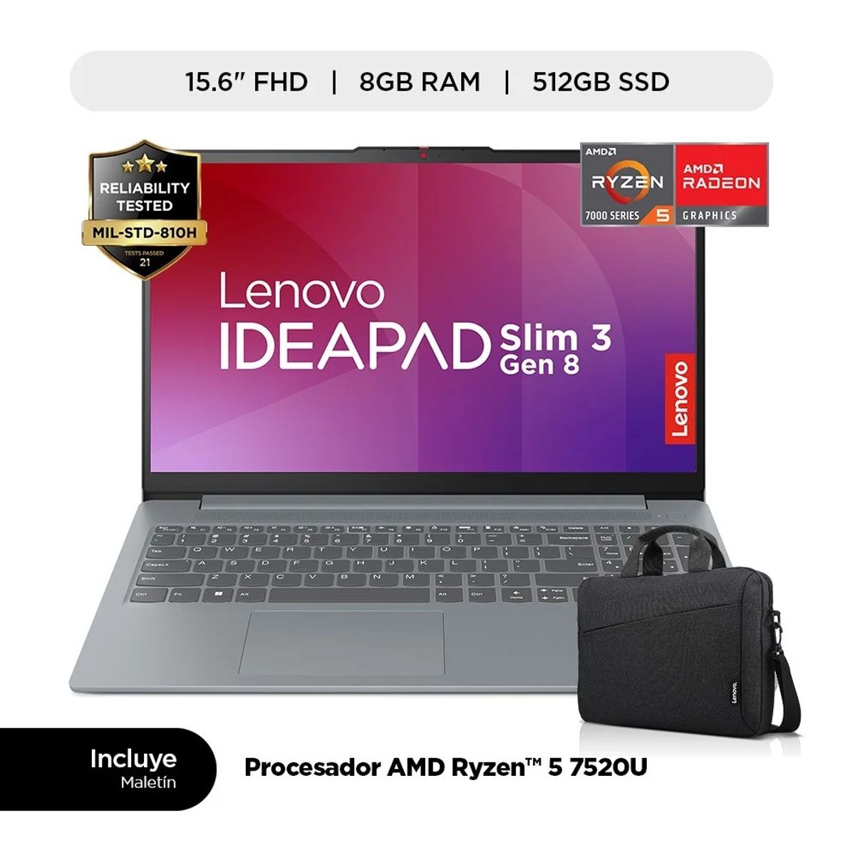 LENOVO - Lenovo IdeaPad Slim 3 15.6" FHD AMD Ryzen 5 7520U 2.8/4.3GHz, 8GB DDR5-5500-SSD512GB WINDOWS 11 + MALETIN LENOVO