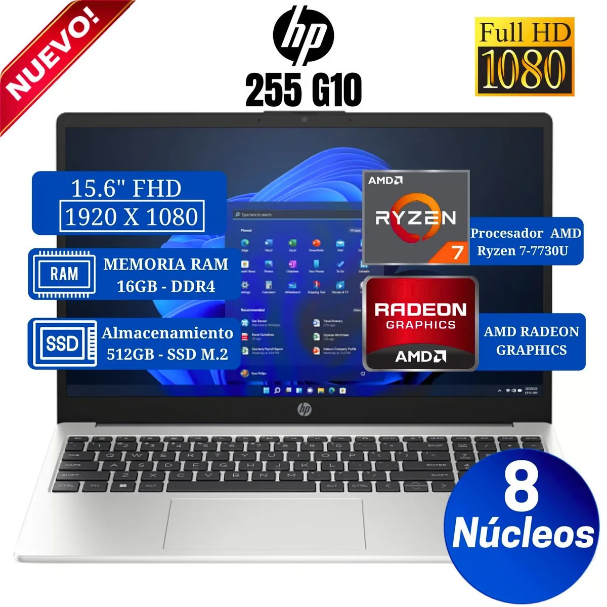 HP - Laptop HP 255 G10 15,6" FHD, AMD Ryzen 7-7730U, Ram 16GB, Ssd 512GB Windows 11 B03E1LT