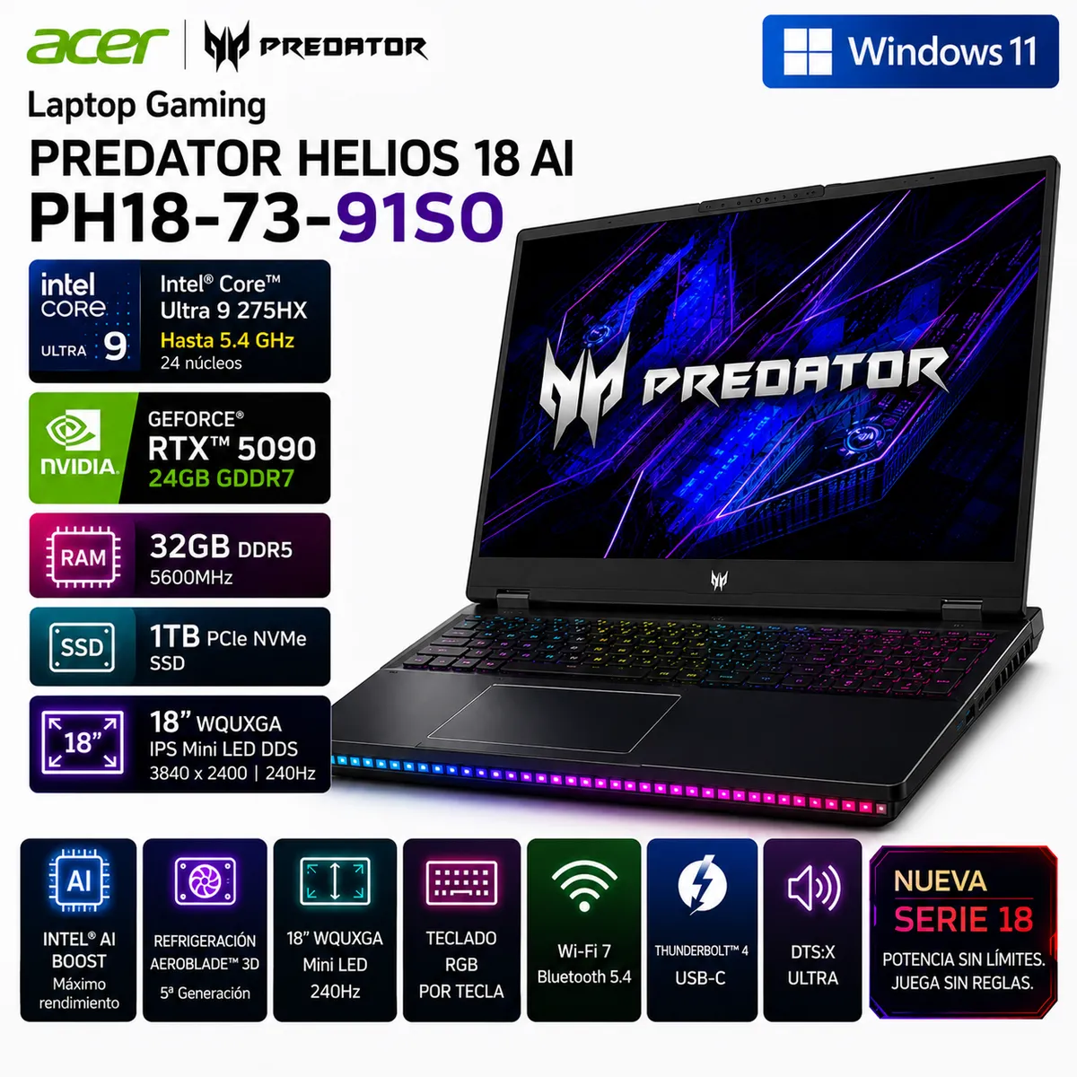 ACER - Laptop Acer Predator Helios 18 AI PH18-73-91S0 18″ WQUXGA Mini LED 240Hz Core Ultra 9 RTX 5090 32GB 1TB SSD